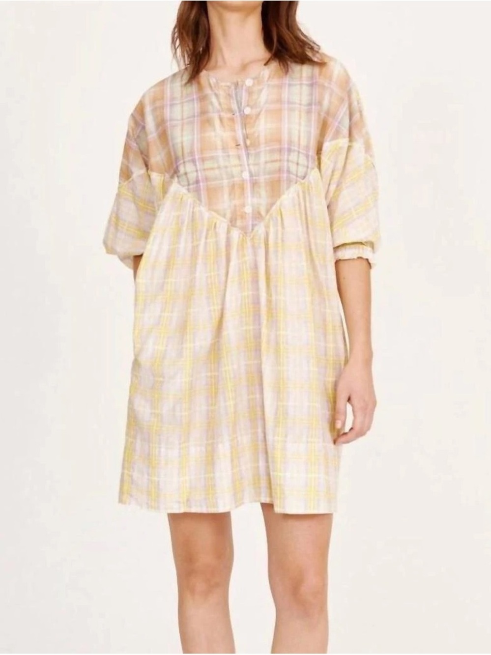 Raquel Allegra Plaid Babydoll Mini Dress Yellow Boho Lagenlook Size 3 Large 6/8